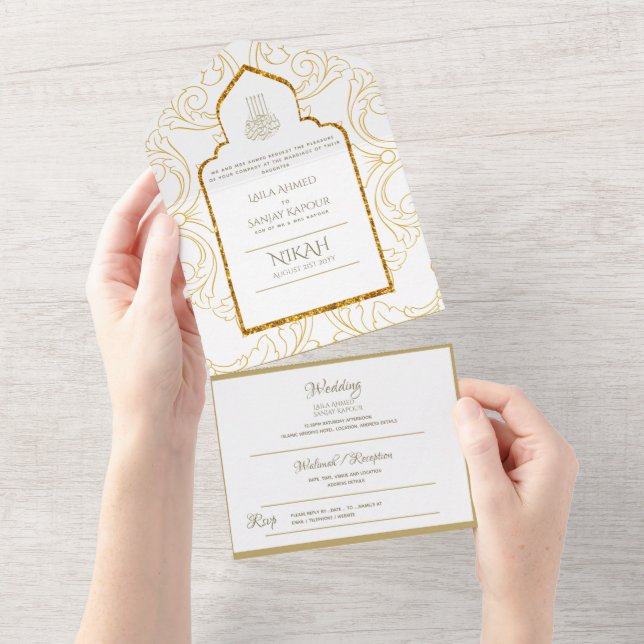 NIKAH WALLIMAH Gold Verziert All In One Einladung (Abreißen)