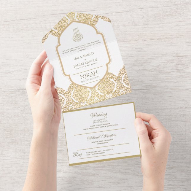 NIKAH WALLIMAH Gold Verziert All In One Einladung (Abreißen)