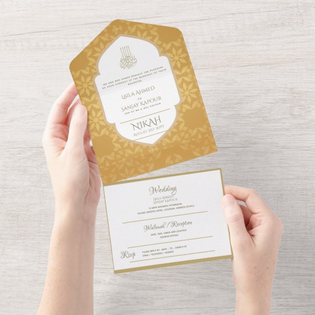 NIKAH WALLIMAH Gold Verziert All In One Einladung (Abreißen)