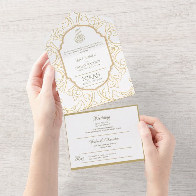 NIKAH WALLIMAH Gold Verziert All In One Einladung (Abreißen)