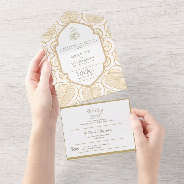 NIKAH WALLIMAH Gold Verziert All In One Einladung (Abreißen)