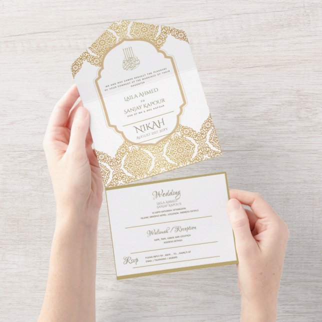 NIKAH WALLIMAH Gold Verziert All In One Einladung (Abreißen)