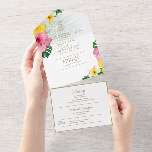 NIKAH WALLIMAH Tropical Blätter All In One Einladung (Abreißen)