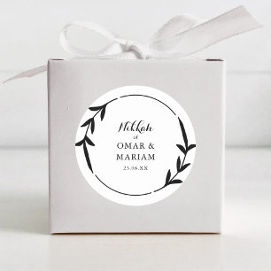 Nikkah Elegant Schwarz & Weiß Blatt Kranz Rand Runder Aufkleber