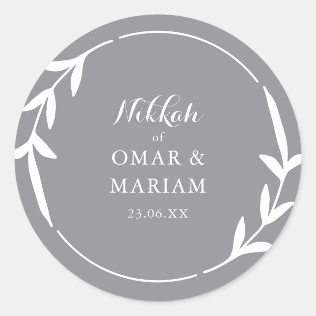 Nikkah Elegant Smoke Leaf Wreathe Border Runder Aufkleber (Vorderseite)
