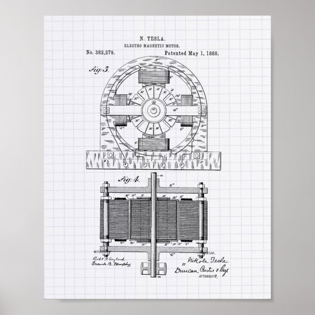 Nikola Tesla 1888 Patent Art - Lined Peper Poster (Vorne)