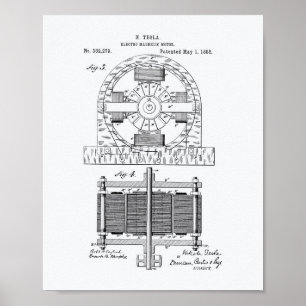 Nikola Tesla 1888 Patentkunst - Weißes Papier Poster