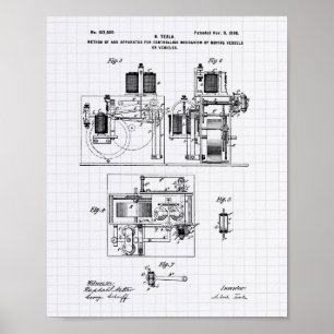 Nikola Tesla 1898 Patent Kunst - liniertes Papier Poster