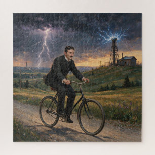 Nikola Tesla fährt Fahrrad zu seinem Labor um 1893