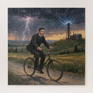 Nikola Tesla fährt Fahrrad zu seinem Labor um 1893