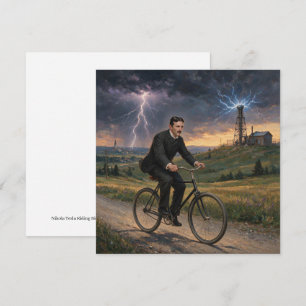 Nikola Tesla fährt Fahrrad zu seinem Labor um 1893 Feiertagskarte