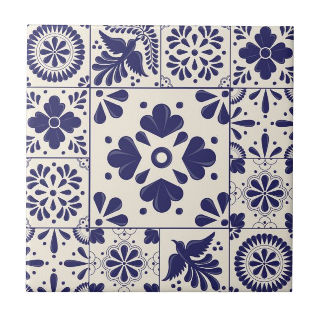 Nil Blue Mexican Traditional Floral Talavera Fliese (Vorderseite)