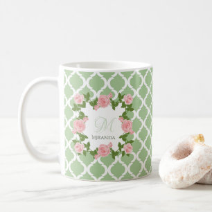 Nil-Grün Quatrefoil rosa Rosen-Monogramm mit Namen Kaffeetasse