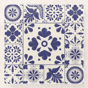 Nile-Blau-Mexikanisch-Traditionelles-Blumen-Talave Glasuntersetzer