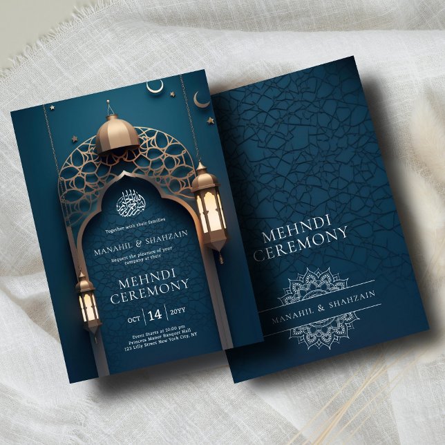 Nile Blue Islamic 3D Arch Elegant Mehndi Zeremonie Einladung (Von Creator hochgeladen)