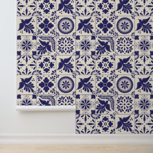 Nile Blue Linen Mexican Traditional Talavera Tiles Tapete