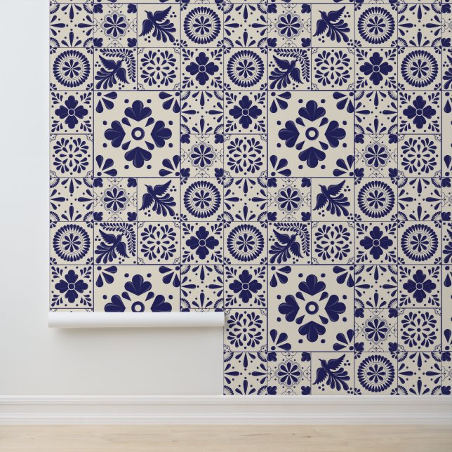 Nile Blue Linen Mexican Traditional Talavera Tiles Tapete (Anwendung)
