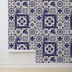 Nile Blue Linen Mexican Traditional Talavera Tiles Tapete