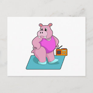 Nilpferd beim Fitness mit Radio.PNG Postkarte