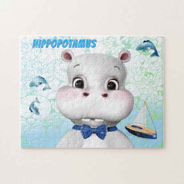 Nilpferd Blaue Fische Kinder (Horizontal)