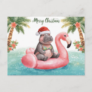 Nilpferd im Bikini auf der Weihnachtspoolparty  Feiertagspostkarte