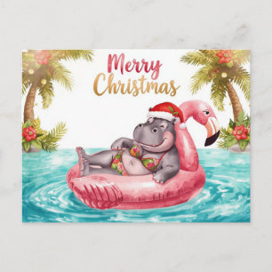 Nilpferd im Bikini auf der Weihnachtspoolparty  Feiertagspostkarte
