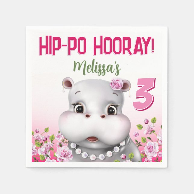 Nilpferd in Perlen Rosa Blumen Mädchen Geburtstag Serviette (Vorderseite)