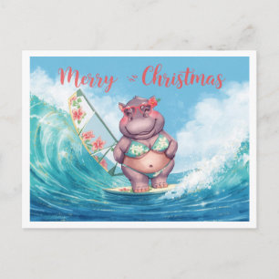 Nilpferd-Surfer auf Surfbrett an Weihnachtsfeierta Postkarte