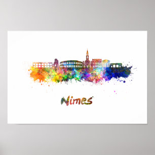 Nimes Skyline in Aquarellfarben Poster