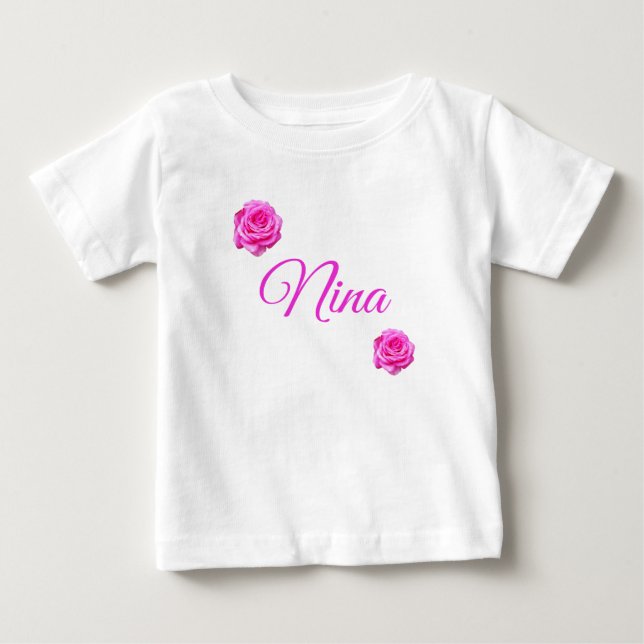 Nina, Name mit rosa Rosen Baby T-shirt (Vorderseite)