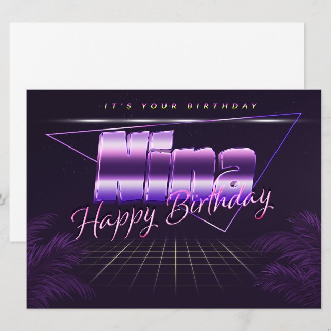 Nina Nom Prénom lila retro Carte Anniversaire (Devant / Derrière)
