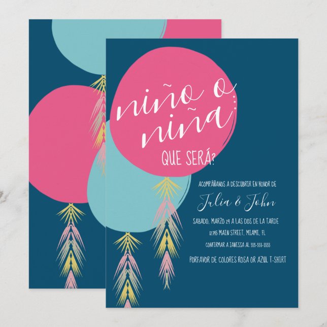 Nina o Nino Gender Reveal Tassel Balloon Navy Einladung (Vorne/Hinten)