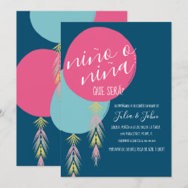 Nina o Nino Gender Reveal Tassel Balloon Navy Einladung