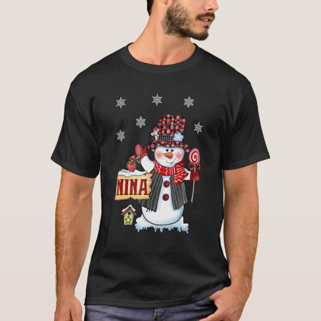 Nina Snowman Christmas Candy Cane Red Kariert Sant T-Shirt (Vorderseite)