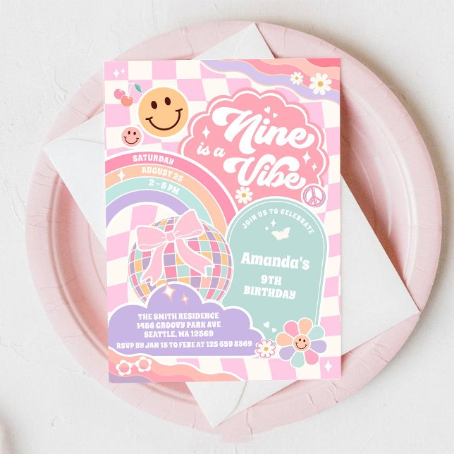 Nine Is A Vibe Groovy Rainbow Disco 9th Birthday  Einladung (Von Creator hochgeladen)