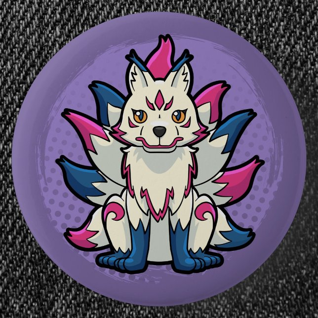 Nine-Tailed Fox- Yokai Kitsune Button (Nine-Tailed Fox Yokai Can Badge- Detail View)