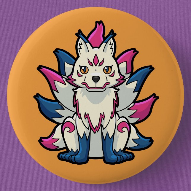 Nine-Tails Fox- Kyuubi Kitsune Yokai Button (Nine-Tailed Fox Yokai Can Badge- Detail View)