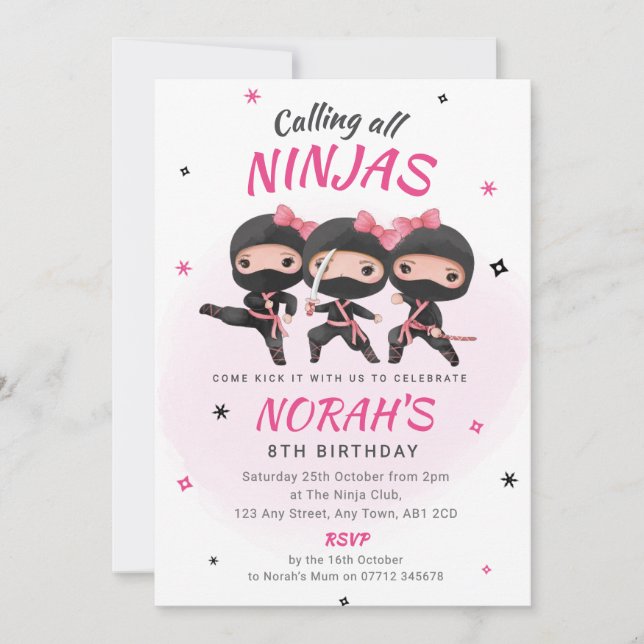 Ninja Birthday Einladung Pink Girls Karate Party (Vorderseite)