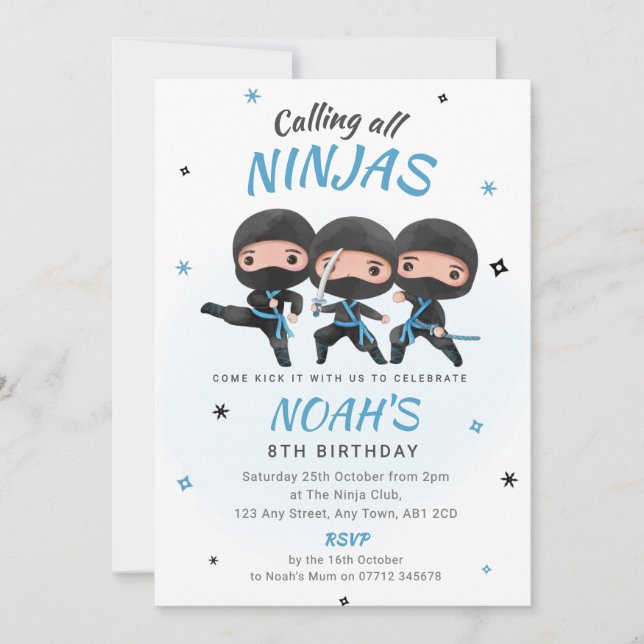 Ninja Birthday Invitation - Blue Karate Party (Devant)