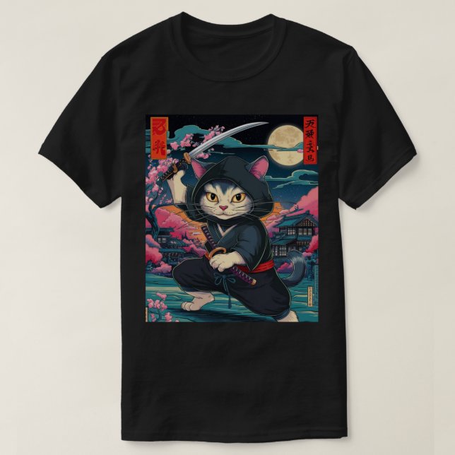 Ninja Cat mit Katana Sword Japanischer Kampfkunst T-Shirt (Design vorne)