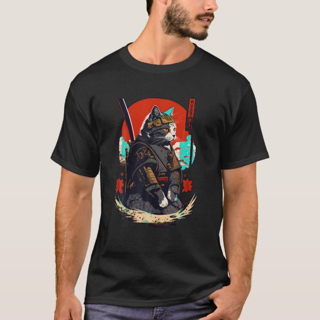 Ninja Cat Samurai Kitten Retro Japanischer Krieger T-Shirt (Vorderseite)