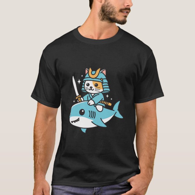 Ninja Cat Samurai Riding Shark T-Shirt (Vorderseite)
