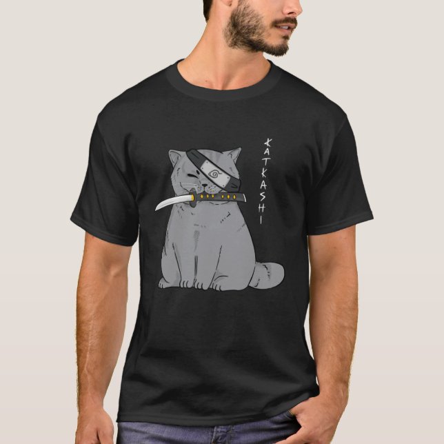 Ninja Cat with Samurai Sword in Mouth T-Shirt (Vorderseite)