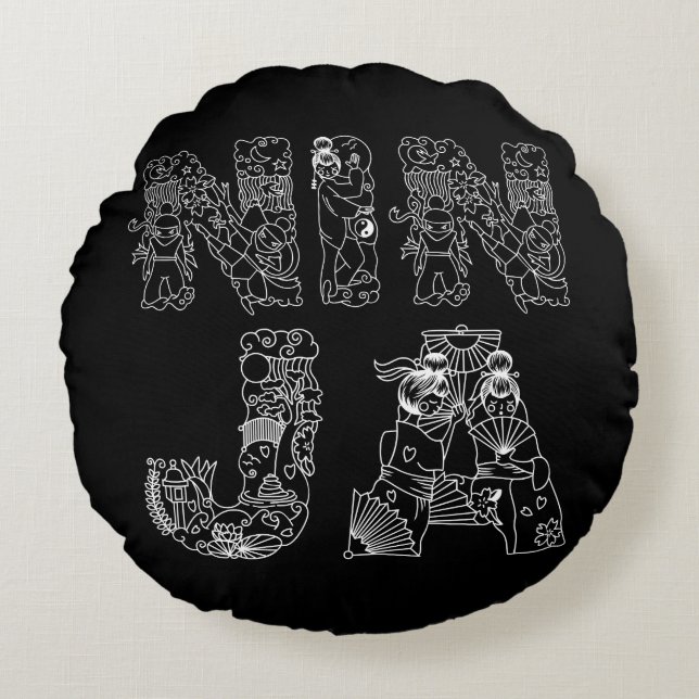 Ninja Cooler weißer Text auf schwarz Rundes Kissen (Vorderseite)