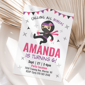 Ninja Girl Birthday Einladung, Niedlich Pink Karat Einladung