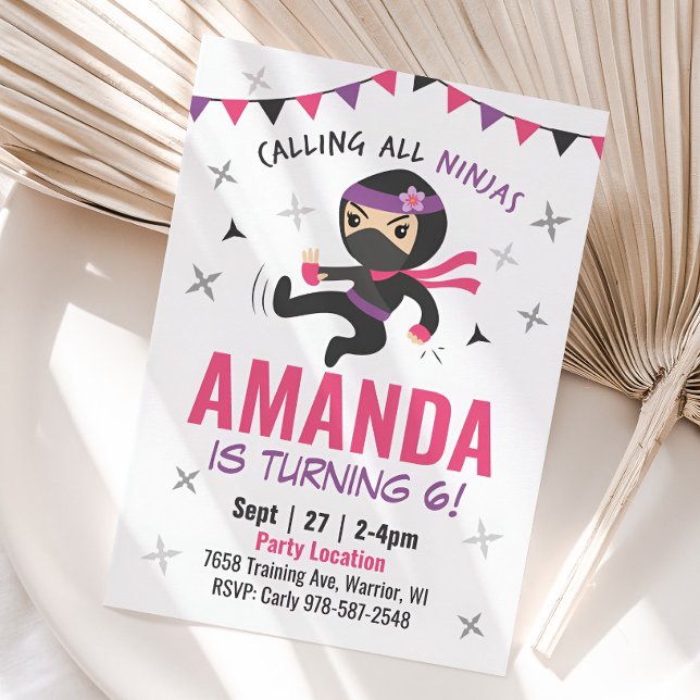 Ninja Girl Birthday Einladung, Niedlich Pink Karat Einladung (Girl Ninja Birthday Invitation)