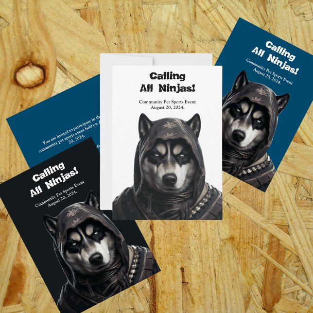 Ninja Husky Dog Einladungskarte Schwarz-weiß (Von Creator hochgeladen)