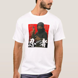 Ninja in Schwarz mit Kanji und rotem Hintergrund T-Shirt