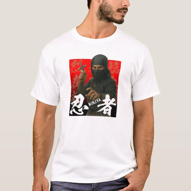 Ninja in Schwarz mit Kanji und rotem Hintergrund T-Shirt (Vorderseite)