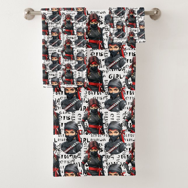 Ninja-Mädchen Anime mit Textmuster-Design Badhandtuch Set (Von Creator hochgeladen)